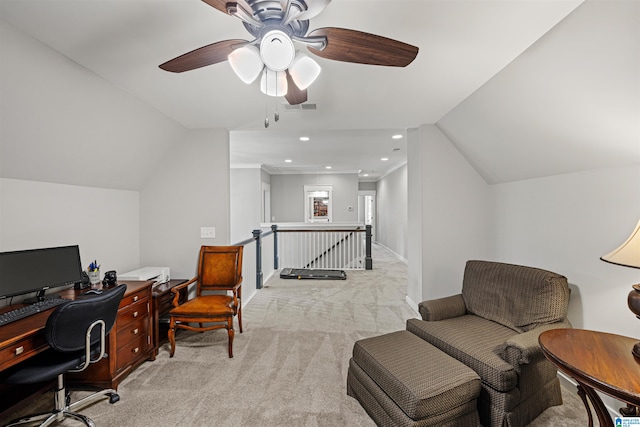 home office with ceiling fan, light carpet, and lofted ceiling