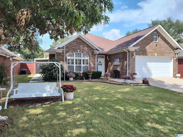 ranch-style home with a garage, driveway, brick siding, and a front lawn