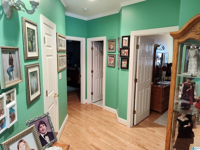 hallway with baseboards, light wood finished floors, and crown molding