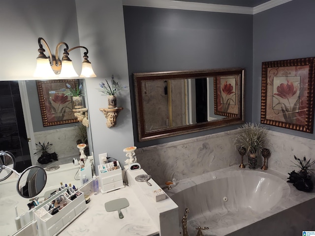 bathroom with a jetted tub and ornamental molding