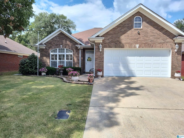 ranch-style house with a garage, concrete driveway, brick siding, and a front lawn