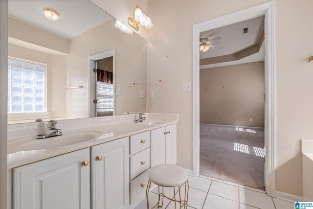 bathroom with vanity, ceiling fan, and tile patterned flooring