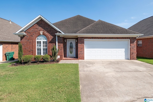 ranch-style house with brick siding, a front yard, and a shingled roof