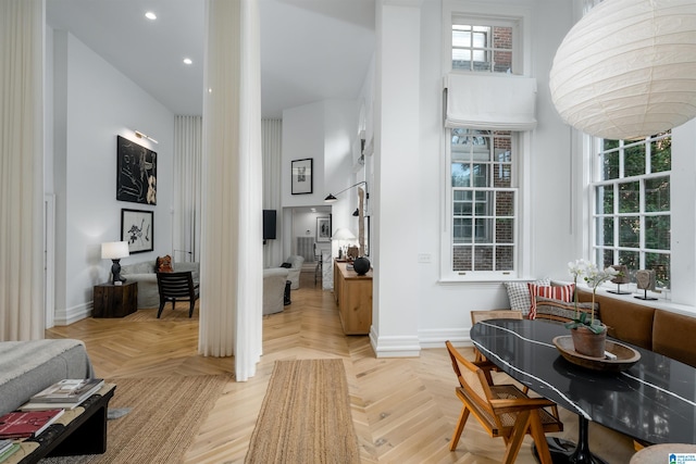 dining room with light parquet flooring