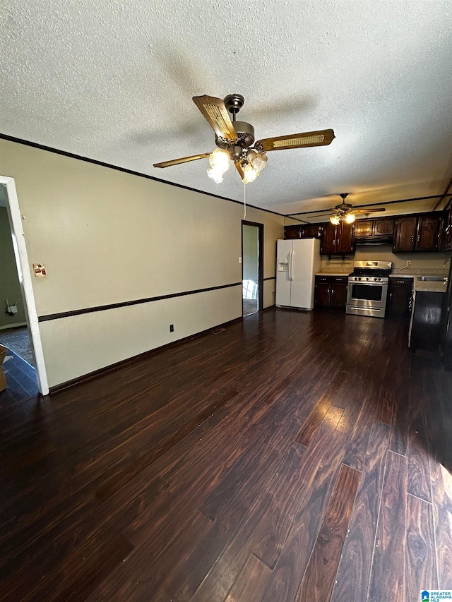 unfurnished living room with dark wood-style floors, crown molding, and a textured ceiling