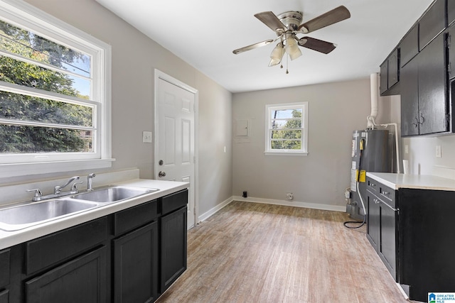 kitchen featuring light wood-type flooring, ceiling fan, gas water heater, and sink