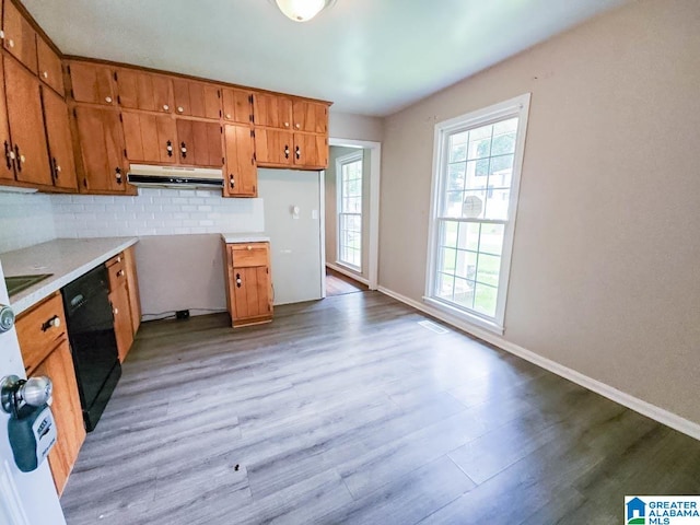 kitchen featuring a wealth of natural light, hardwood / wood-style floors, black dishwasher, and tasteful backsplash