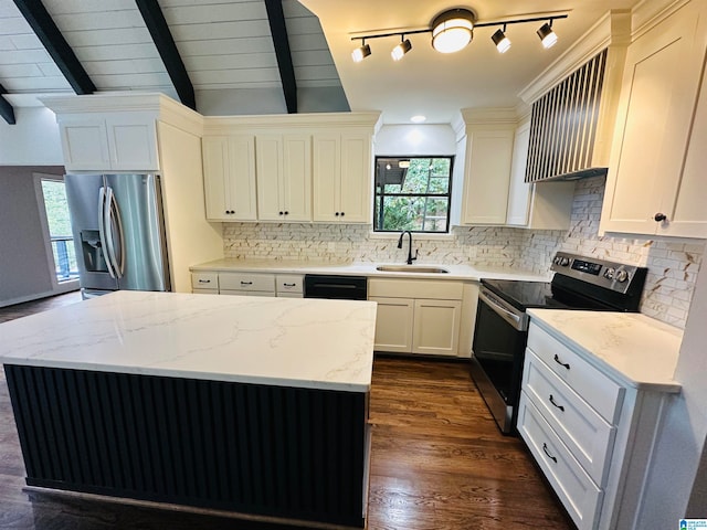 kitchen with white cabinets, dark hardwood / wood-style flooring, stainless steel appliances, and sink