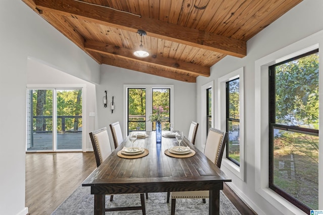 unfurnished dining area featuring lofted ceiling with beams, baseboards, wood finished floors, and wood ceiling