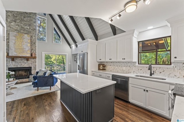 kitchen featuring white cabinets, a sink, dark wood-style floors, and appliances with stainless steel finishes