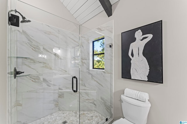 bathroom with toilet, a shower with shower door, and lofted ceiling