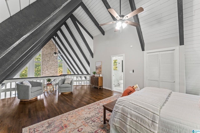 bedroom with a closet, ceiling fan, dark hardwood / wood-style flooring, and ensuite bathroom