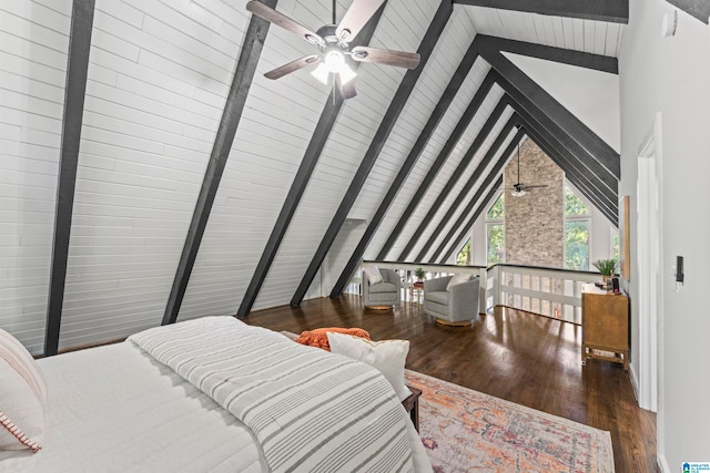 bedroom with ceiling fan, dark hardwood / wood-style floors, high vaulted ceiling, and beam ceiling