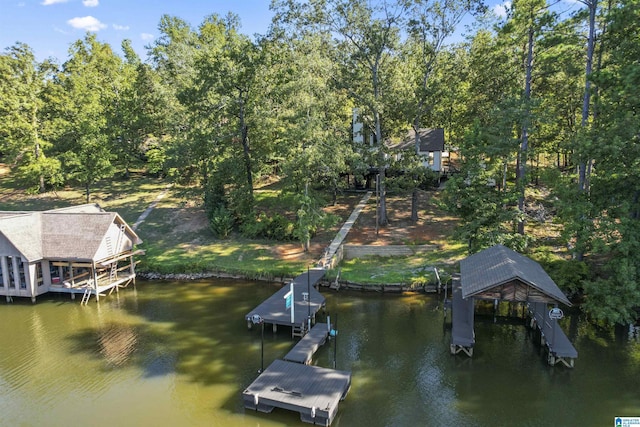 view of dock featuring boat lift and a water view