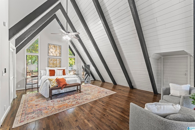 bedroom with dark hardwood / wood-style flooring, high vaulted ceiling, beam ceiling, and ceiling fan