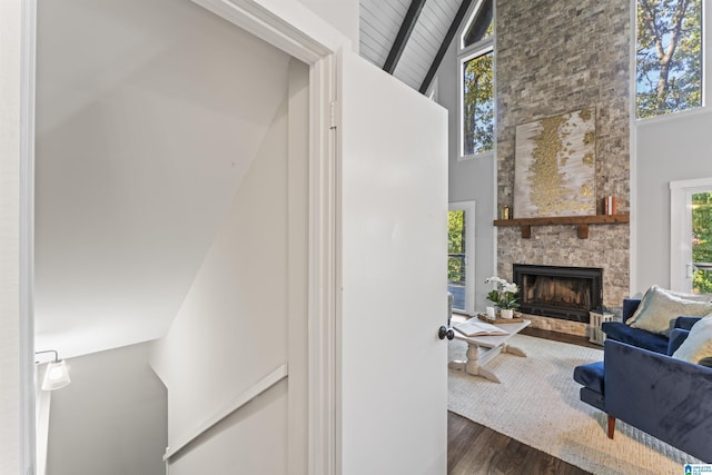 interior space featuring dark wood-type flooring, a fireplace, and a wealth of natural light