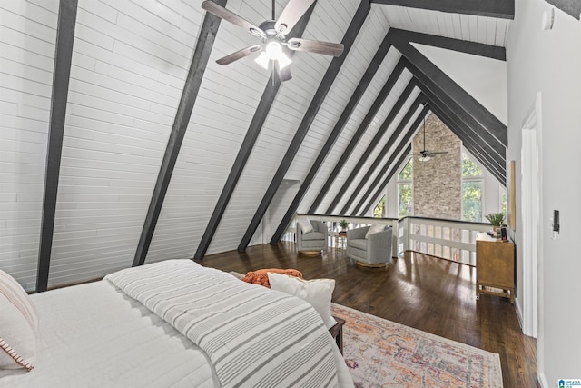 bedroom with a ceiling fan, high vaulted ceiling, beam ceiling, and wood finished floors