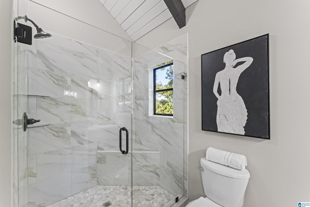 bathroom with toilet, a marble finish shower, and vaulted ceiling