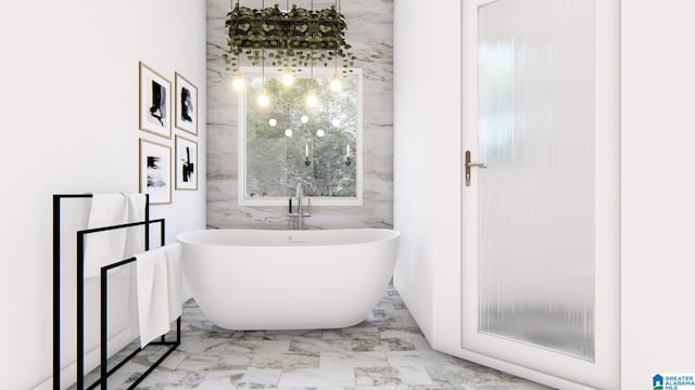 bathroom with a bathing tub and tile walls