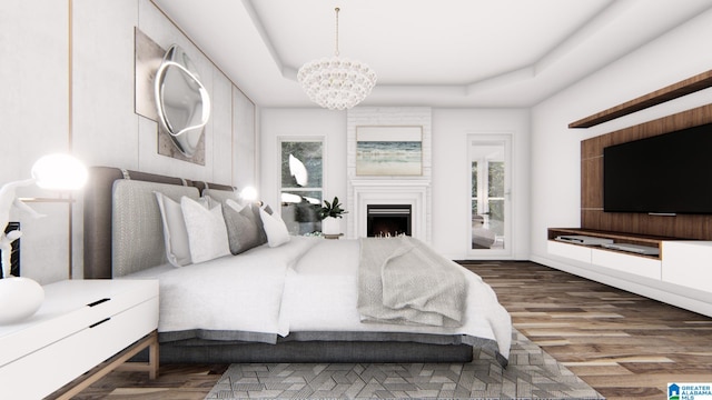 bedroom with an inviting chandelier, dark hardwood / wood-style flooring, a fireplace, and multiple windows