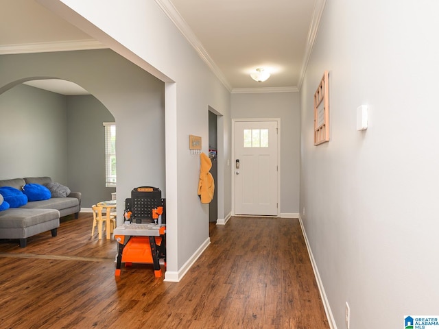 foyer entrance featuring ornamental molding and dark hardwood / wood-style floors