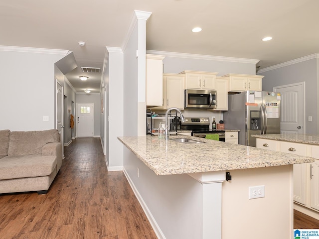 kitchen featuring crown molding, appliances with stainless steel finishes, light stone counters, dark hardwood / wood-style flooring, and sink