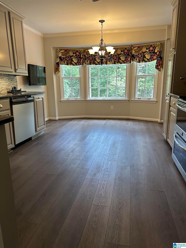 kitchen with dishwasher, dark hardwood / wood-style flooring, a notable chandelier, backsplash, and ornamental molding