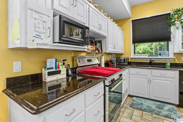 kitchen with white cabinetry, sink, and black appliances