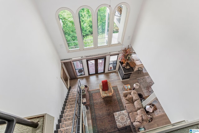 living room with hardwood / wood-style flooring, a healthy amount of sunlight, and a towering ceiling