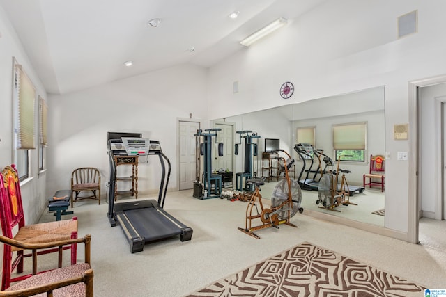 exercise room featuring light carpet and high vaulted ceiling