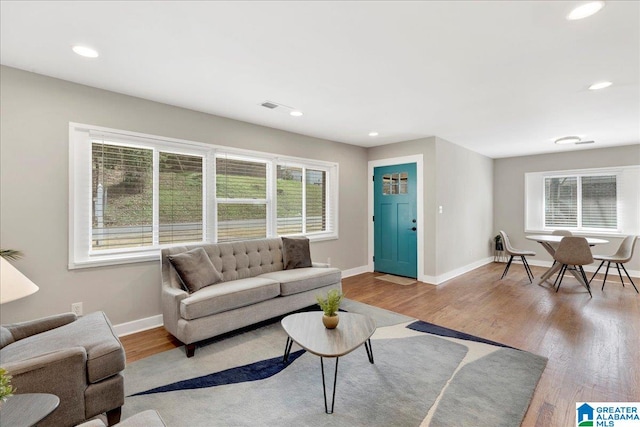 living room featuring plenty of natural light and light hardwood / wood-style flooring