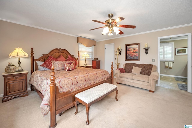 bedroom featuring ceiling fan, light colored carpet, crown molding, and a textured ceiling