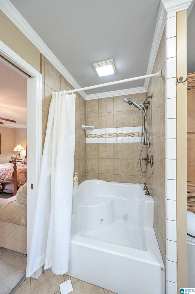 bathroom featuring ornamental molding, shower / bath combo, and tile patterned flooring