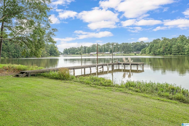 dock area with a water view and a yard