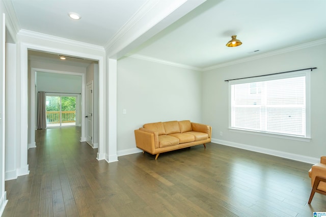 sitting room featuring ornamental molding and dark hardwood / wood-style floors