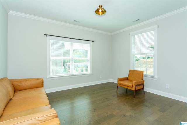 sitting room featuring crown molding and dark wood-type flooring