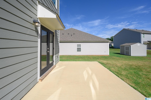 view of patio / terrace with a storage shed