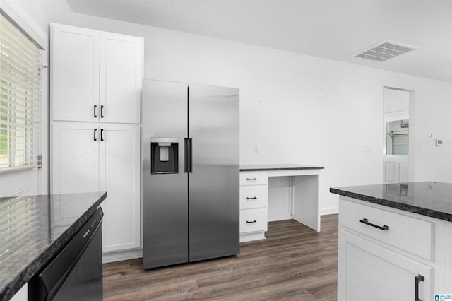 kitchen with white cabinetry, dark wood-type flooring, and stainless steel fridge with ice dispenser