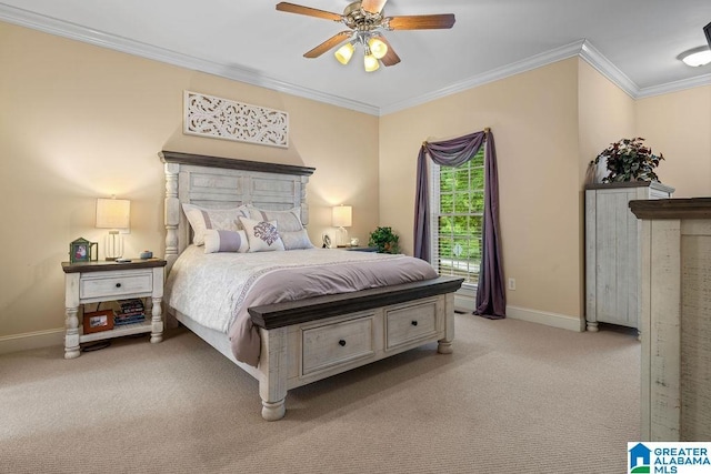 bedroom with baseboards, a ceiling fan, crown molding, and light colored carpet