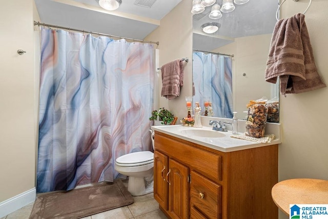 bathroom featuring curtained shower, tile patterned flooring, toilet, and vanity