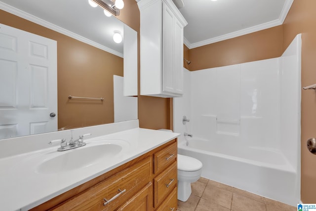 full bathroom featuring crown molding, vanity, toilet, and washtub / shower combination