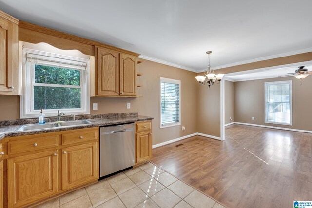 unfurnished living room with ceiling fan with notable chandelier, light hardwood / wood-style floors, and crown molding