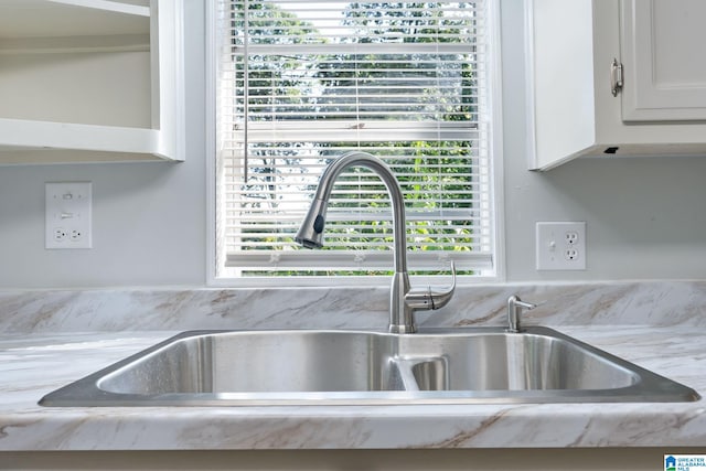 details with white cabinetry and sink