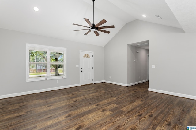 unfurnished living room with dark wood-type flooring, lofted ceiling, and ceiling fan