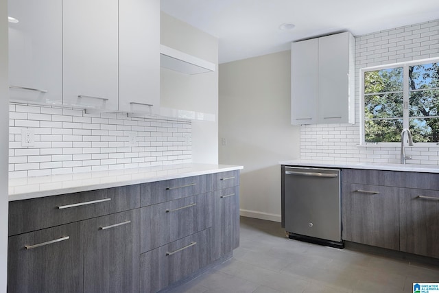 kitchen with white cabinets, dishwasher, decorative backsplash, and sink