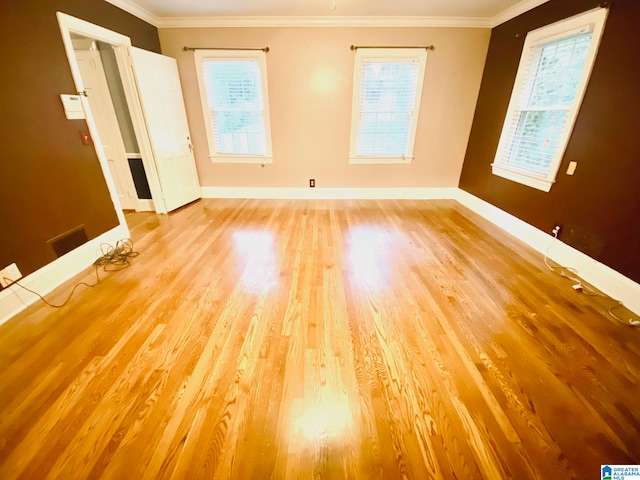 interior space featuring light hardwood / wood-style floors and ornamental molding