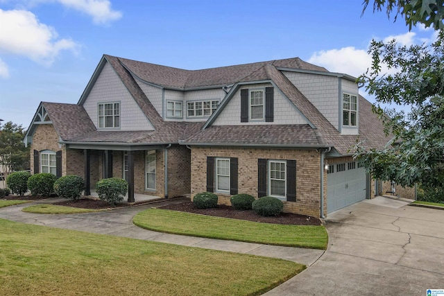 view of front of home with a garage and a front lawn