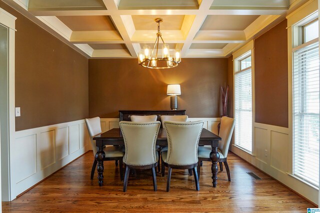 dining space with beam ceiling, an inviting chandelier, coffered ceiling, and hardwood / wood-style flooring