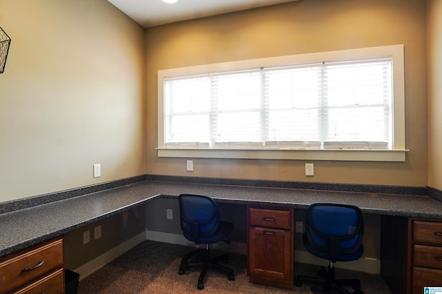 carpeted office with built in desk and a healthy amount of sunlight