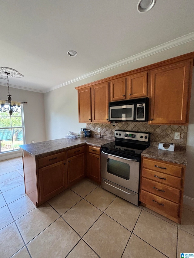 kitchen featuring pendant lighting, light tile patterned floors, stainless steel appliances, kitchen peninsula, and an inviting chandelier